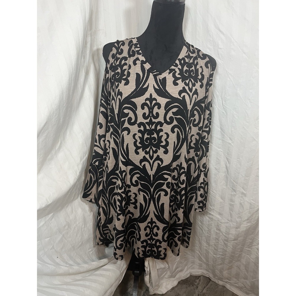 Zig Zag Stripe Tan Black Damask Cold Shoulder V-Neck Tunic Top XL
